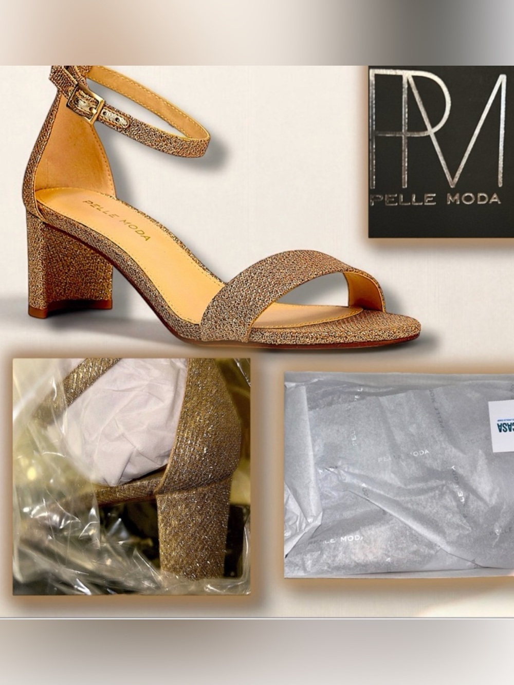 NWT Pelle Moda Heels Ankle Strap Sandal in Platinum Gold NIB